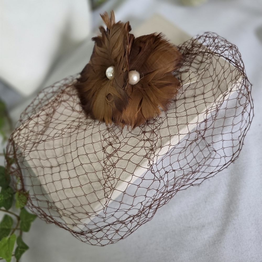 Brown Feather with Pearls and Face Netting Hair Clip / Brooch Pin